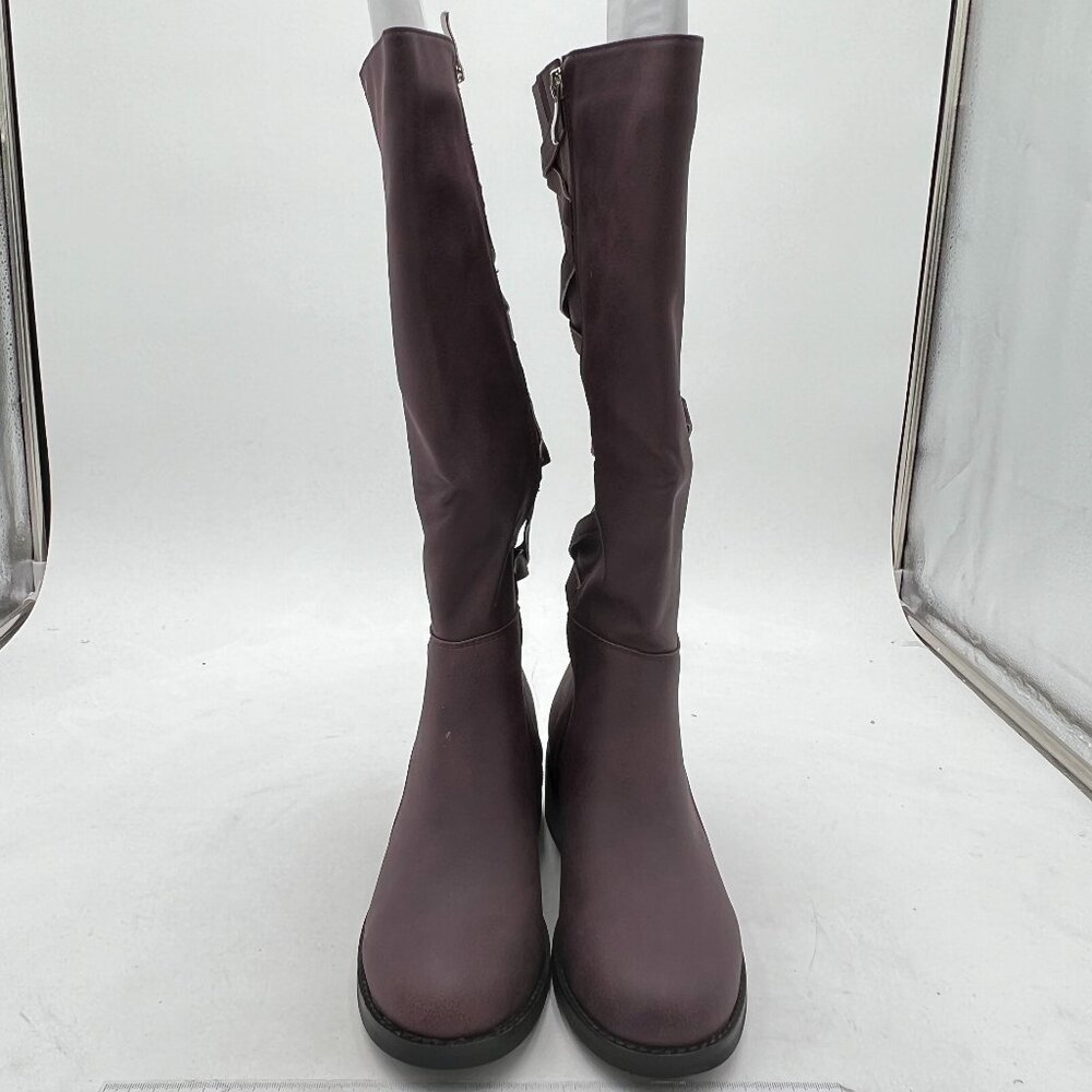 Purple Round Toe Western Riding Knee High Boots Wide Calf Chunky Low Heel Shoes